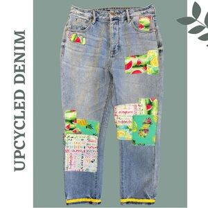 Upcycled High Rise Straight Leg Jeans Patchwork Ribbon Tropical Blue Size 26